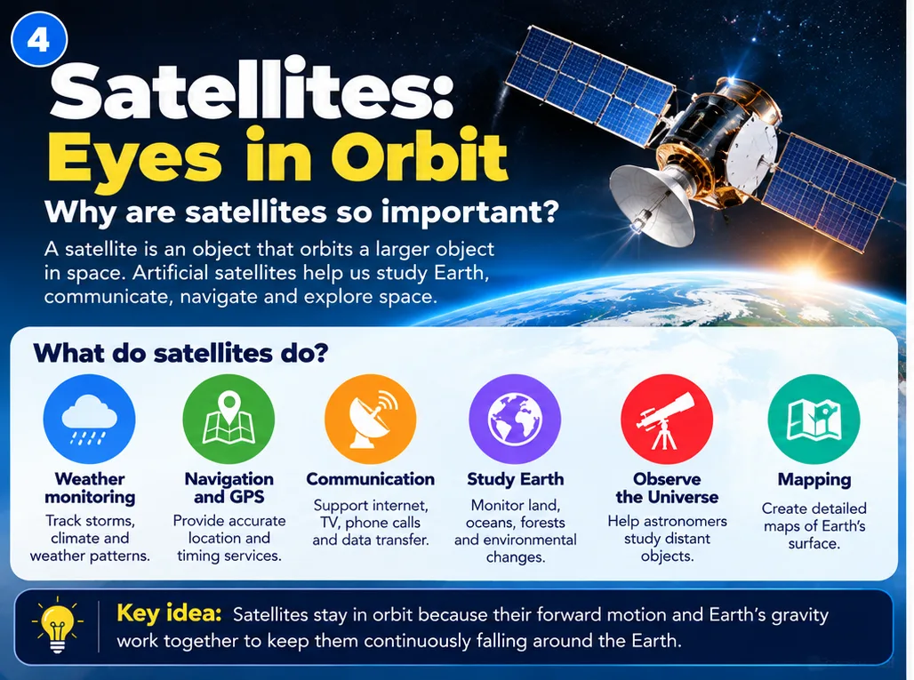 What do satellites do: weather monitoring, navigation and GPS, communication, studying Earth, observing the universe and mapping