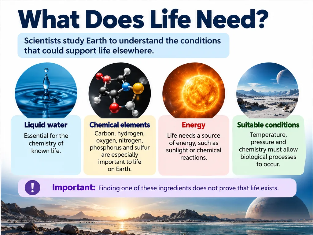 What does life need: liquid water, chemical elements such as carbon, hydrogen, nitrogen, oxygen, phosphorus and sulfur, energy and suitable conditions