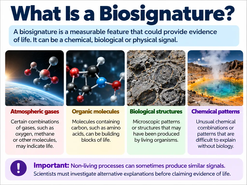 What is a biosignature: atmospheric gases, organic molecules, biological structures and chemical patterns that could be evidence of life