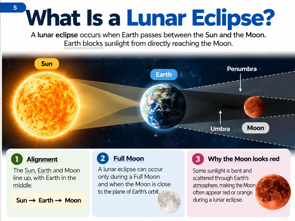 What is a lunar eclipse: Earth passes between the Sun and Moon at full Moon and sunlight bent through Earth’s atmosphere turns the Moon red