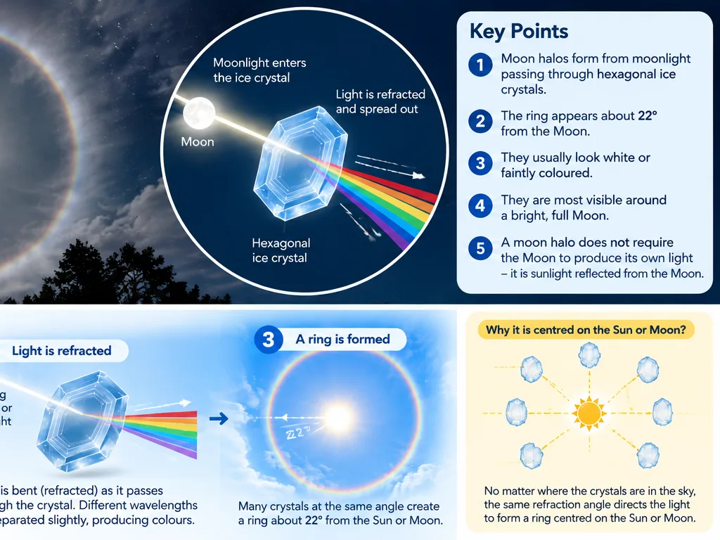 What is a moon halo: a bright ring around the Moon formed when moonlight passes through ice crystals in high clouds, most common size 22 degrees