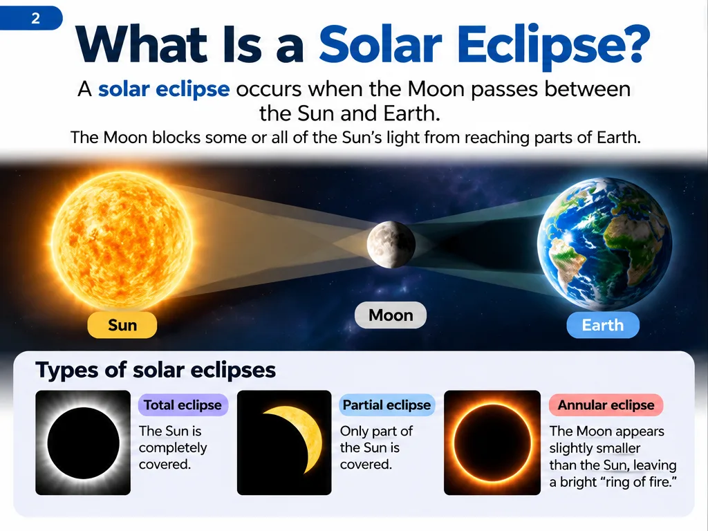 What is a solar eclipse: the Moon passes between the Sun and Earth; types are total, partial and annular