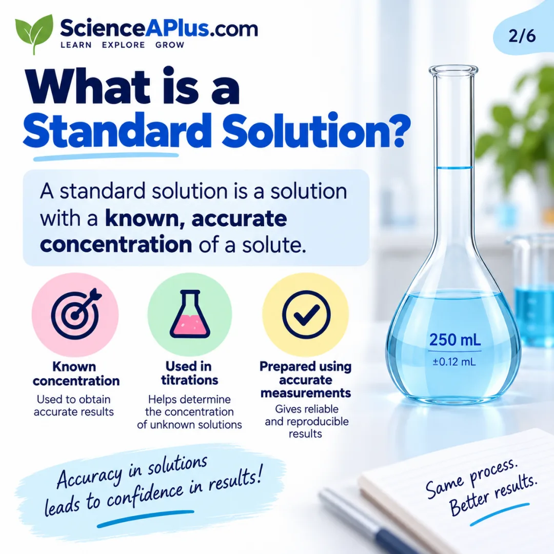 What is a standard solution infographic: a solution with a known, accurate concentration used in titrations and prepared with accurate measurements in a 250 mL volumetric flask