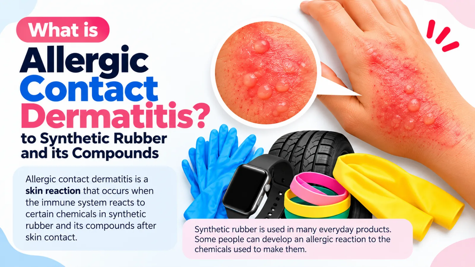 What is allergic contact dermatitis to synthetic rubber: a skin reaction when the immune system reacts to chemicals in rubber products after skin contact