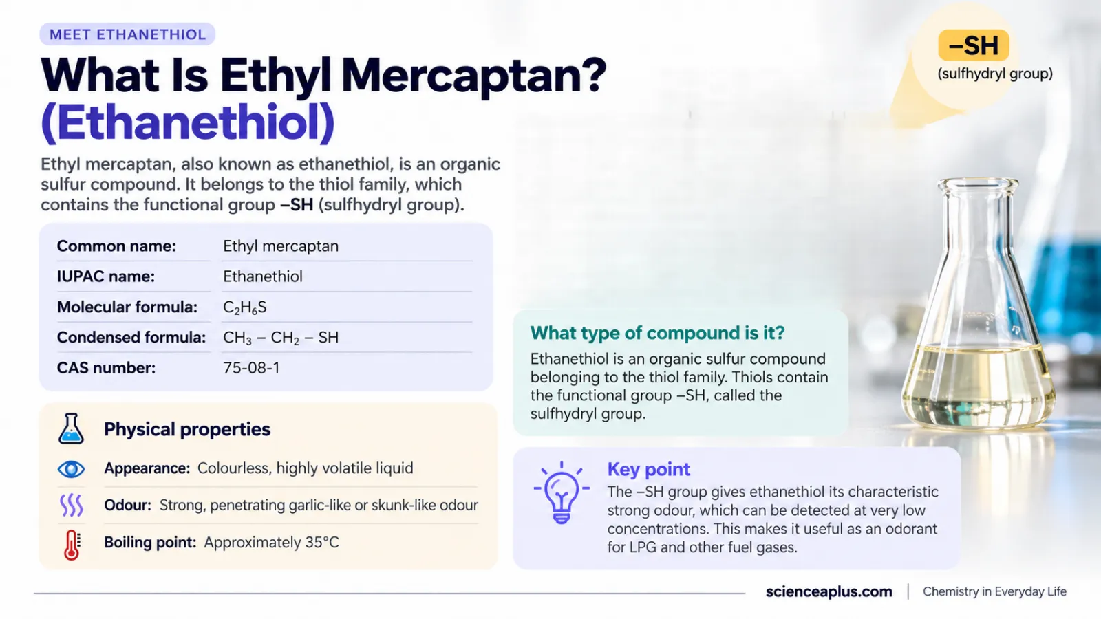 What is ethyl mercaptan: names, formula C2H6S, CAS 75-08-1 and physical properties of ethanethiol
