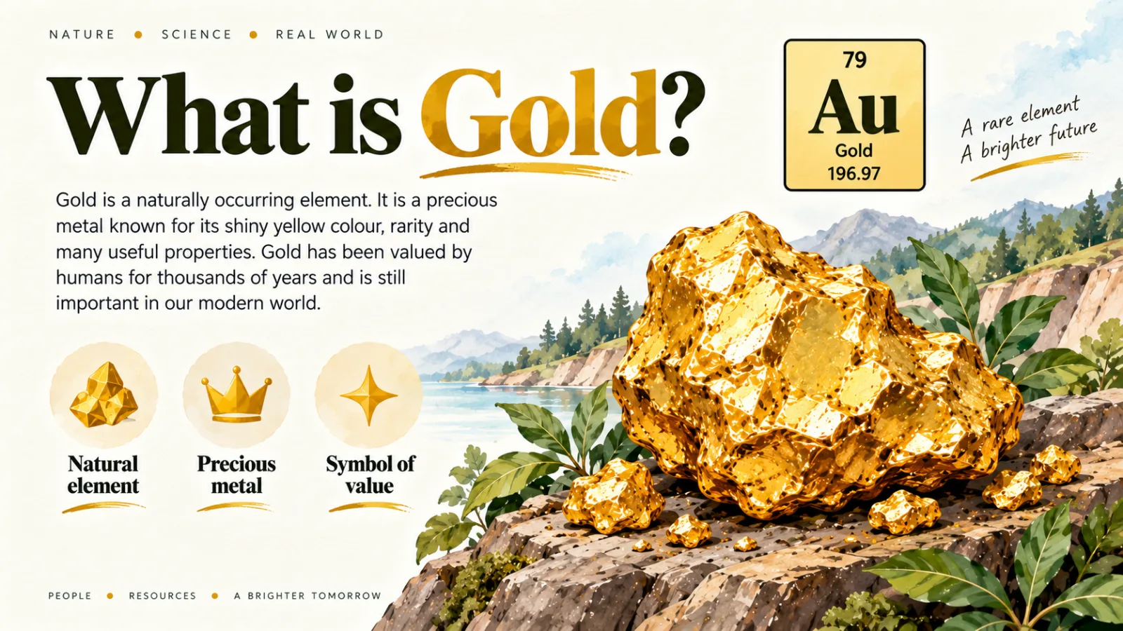 What is gold infographic: gold is a natural element with symbol Au, atomic number 79 and relative atomic mass 196.97, shown as a large gold nugget on rock