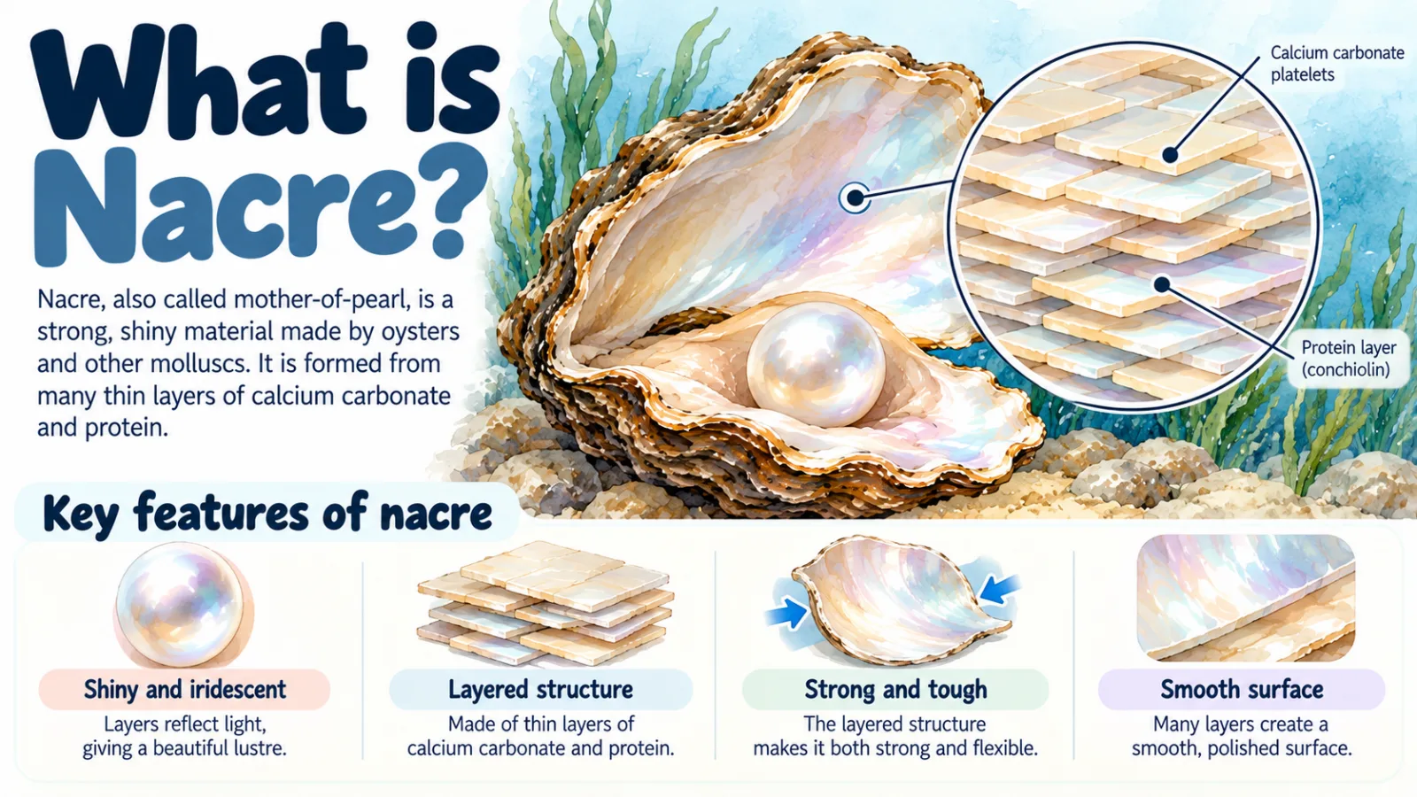 What is nacre: mother-of-pearl made by oysters and other molluscs from many thin layers of calcium carbonate platelets and protein, giving shine, strength and a smooth surface