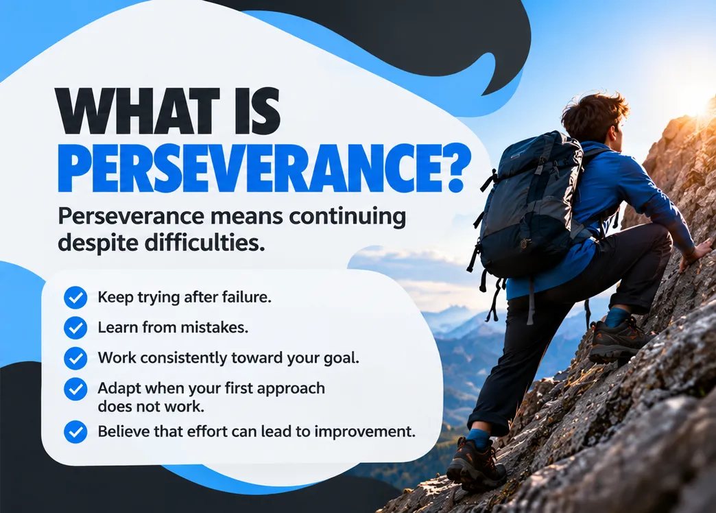 Infographic: What is perseverance? Continuing despite difficulties: keep trying after failure, learn from mistakes, work consistently, adapt when your first approach does not work, believe effort can lead to improvement