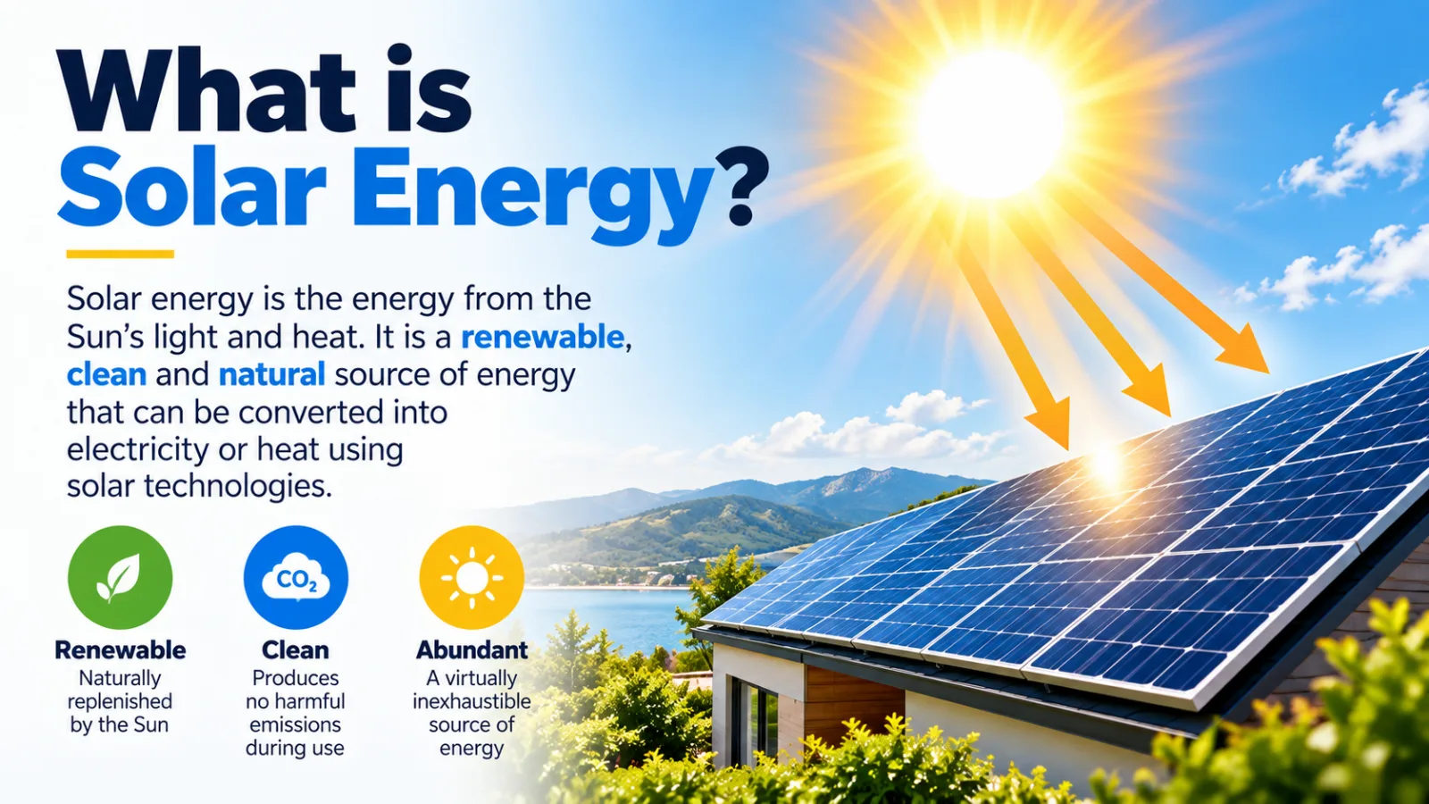 What is solar energy: energy from the Sun’s light and heat, a renewable source that can be converted into electricity or heat