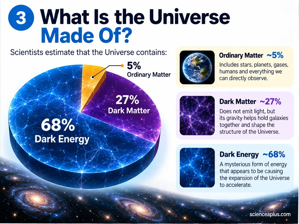What is the universe made of: about 68 per cent dark energy, 27 per cent dark matter and 5 per cent ordinary matter