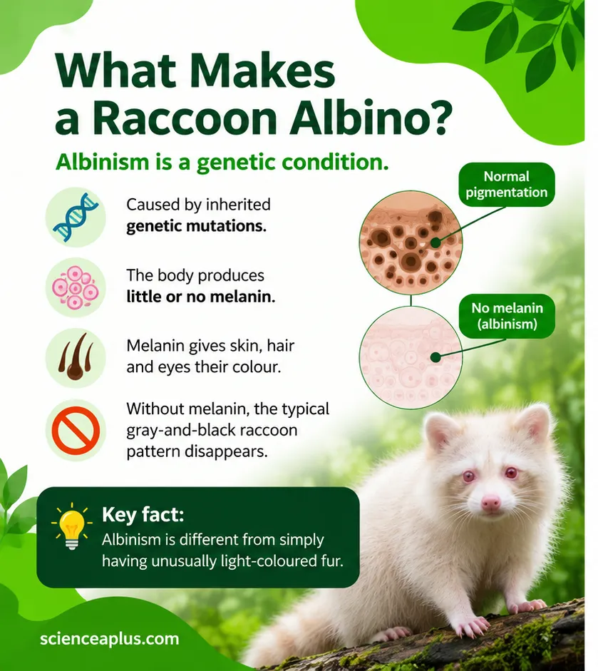 Infographic explaining that albinism is a genetic condition caused by inherited mutations that leave the body with little or no melanin, so the usual grey-and-black raccoon pattern disappears