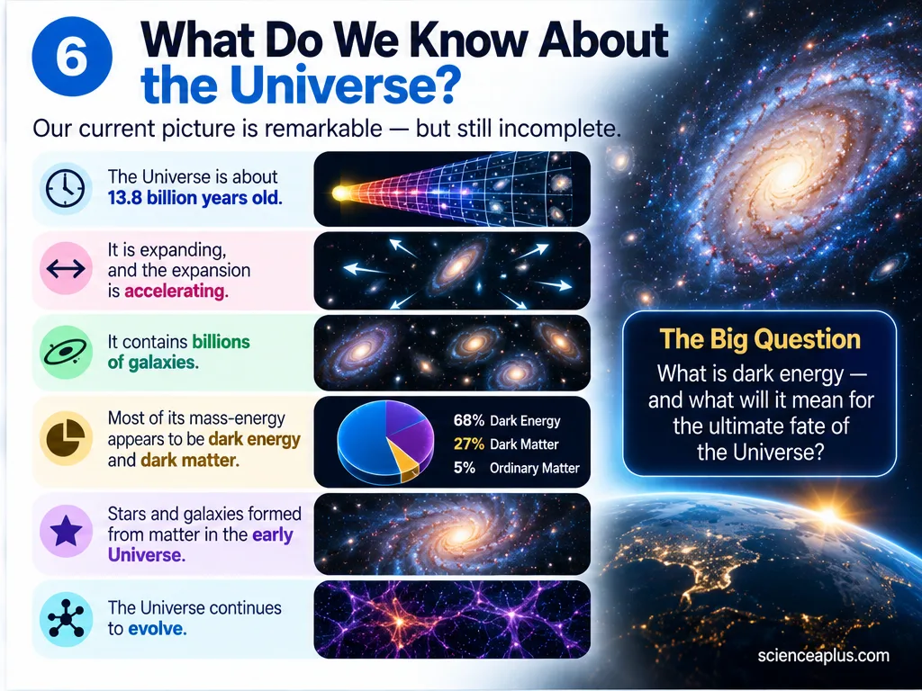What we know about the universe: it is about 13.8 billion years old, expanding and accelerating, contains billions of galaxies and is mostly dark energy and dark matter