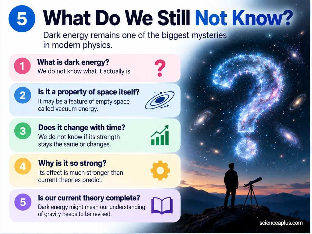 What do we still not know about dark energy: what it is, whether it is a property of space, whether it changes with time, why it is so strong and whether our theories are complete