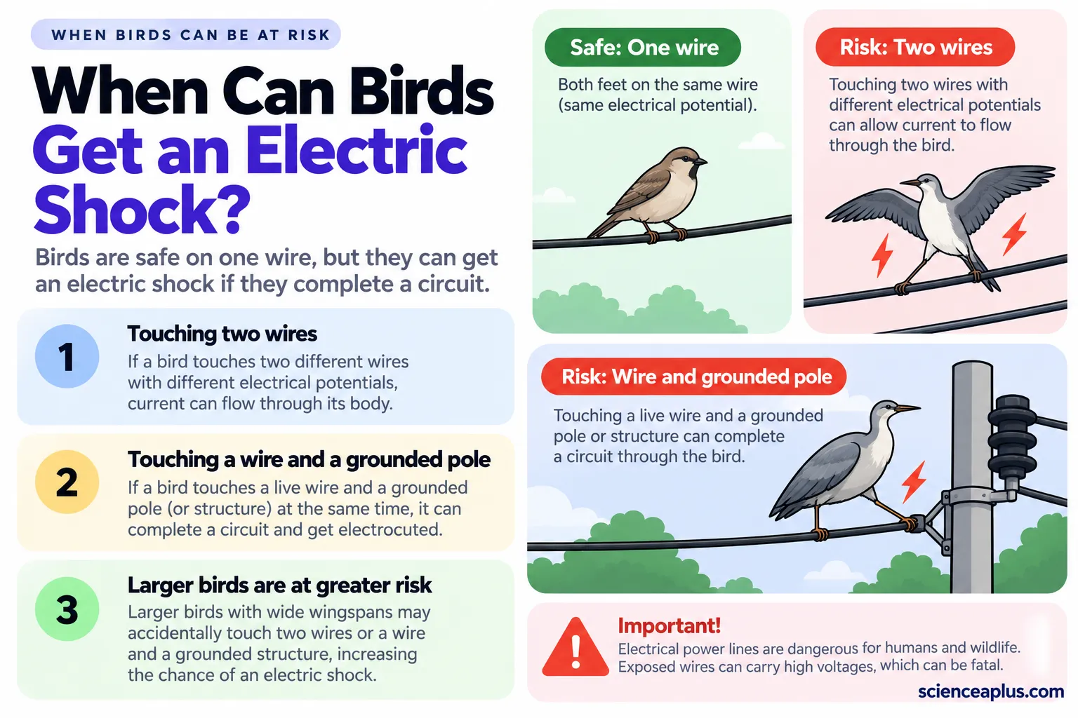 Infographic comparing a small bird safe on one wire with a bird spreading its wings across two wires and a heron-like bird touching a live wire and an earthed pole, with a warning that power lines are dangerous for people and wildlife