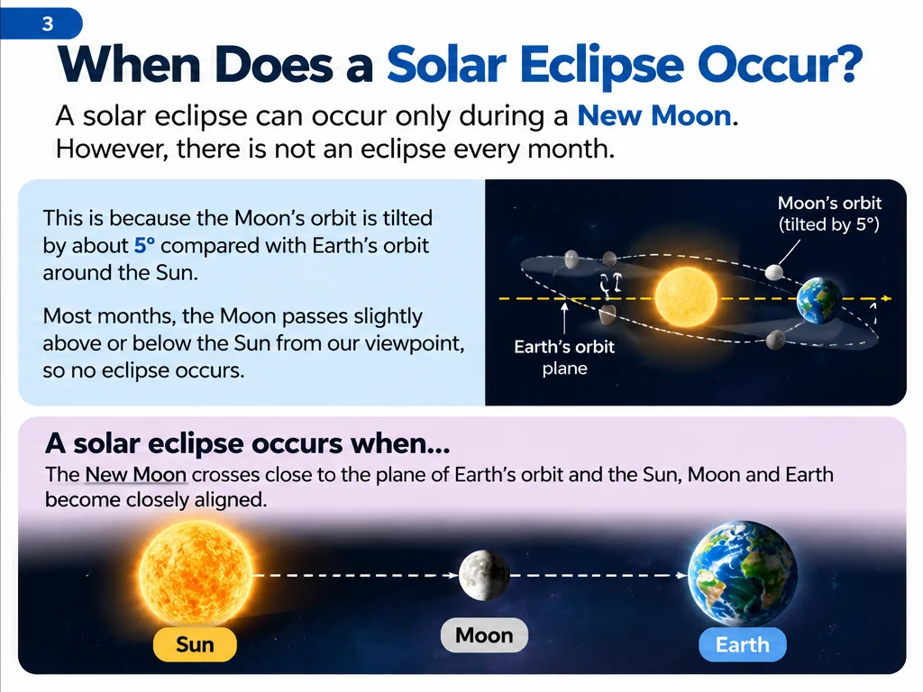 When does a solar eclipse occur: only at new Moon, and only when the Moon crosses Earth’s orbital plane because its orbit is tilted about 5 degrees