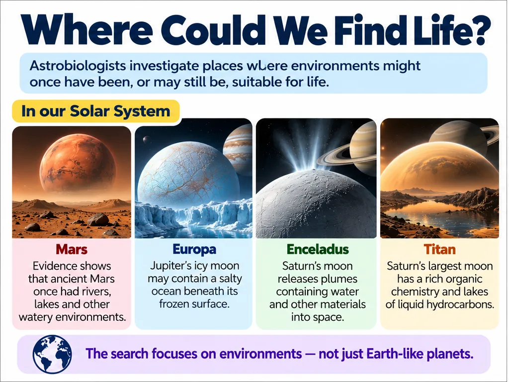 Where could we find life in our solar system: Mars, Europa, Enceladus and Titan