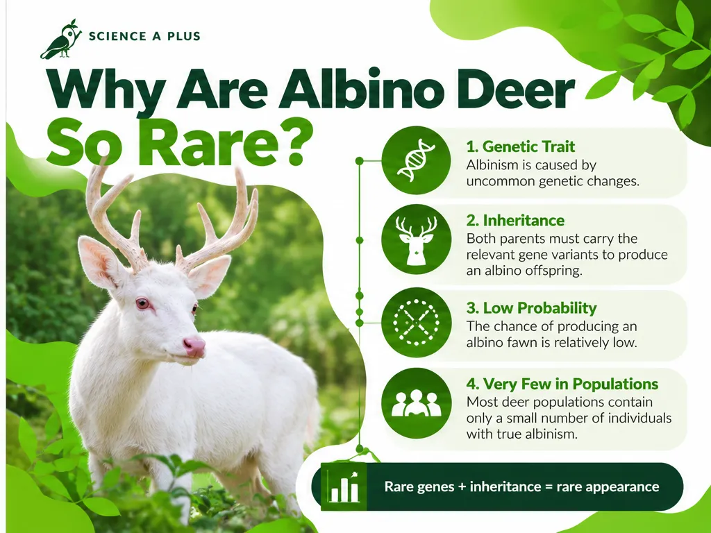 Infographic: why albino deer are so rare, because albinism is a genetic trait, both parents must carry the gene, the probability is low and few deer in a population have it