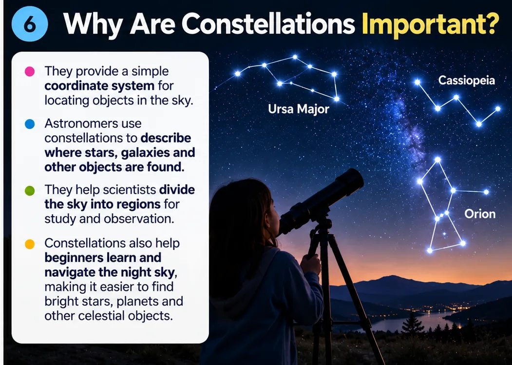 Why constellations are important: a coordinate system for locating objects, describing where galaxies are found, dividing the sky into regions and helping beginners navigate the night sky