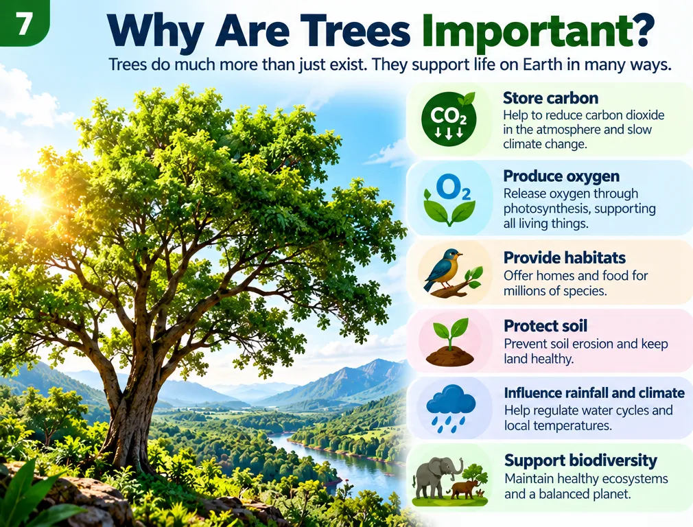 Why are trees important: they store carbon, produce oxygen, provide habitats, protect soil, influence rainfall and climate, and support biodiversity