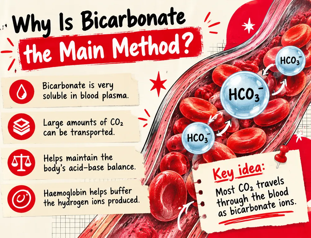 Infographic explaining why bicarbonate is the main method of CO2 transport: soluble in plasma, carries large amounts, helps acid-base balance, haemoglobin buffers hydrogen ions