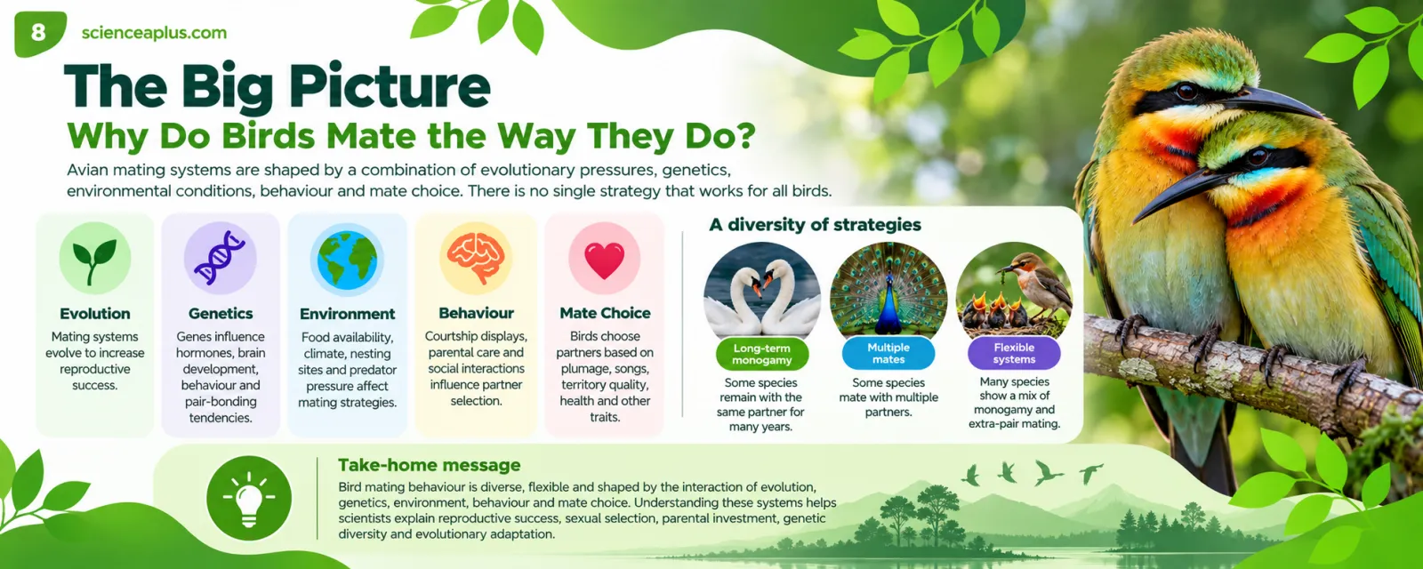 Infographic: why birds mate the way they do, showing evolution, genetics, environment, behaviour and mate choice as influences, and a diversity of strategies from long-term monogamy to multiple mates and flexible systems