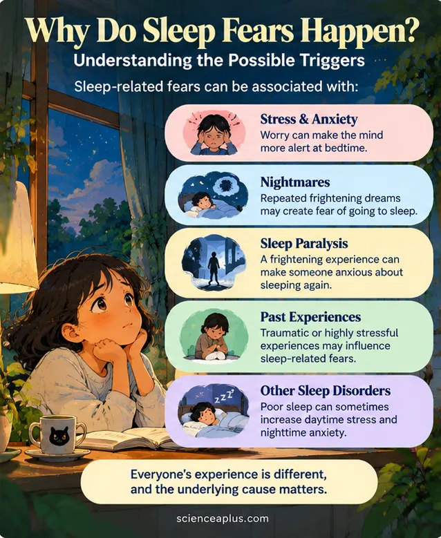 Why sleep fears happen: stress and anxiety, nightmares, sleep paralysis, past experiences and other sleep disorders