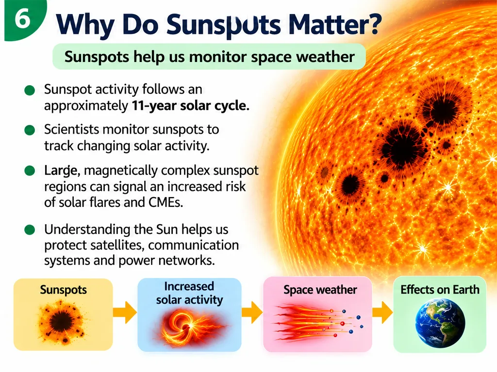 Why sunspots matter: sunspot activity follows an 11-year cycle and helps scientists forecast space weather to protect satellites, communications and power networks