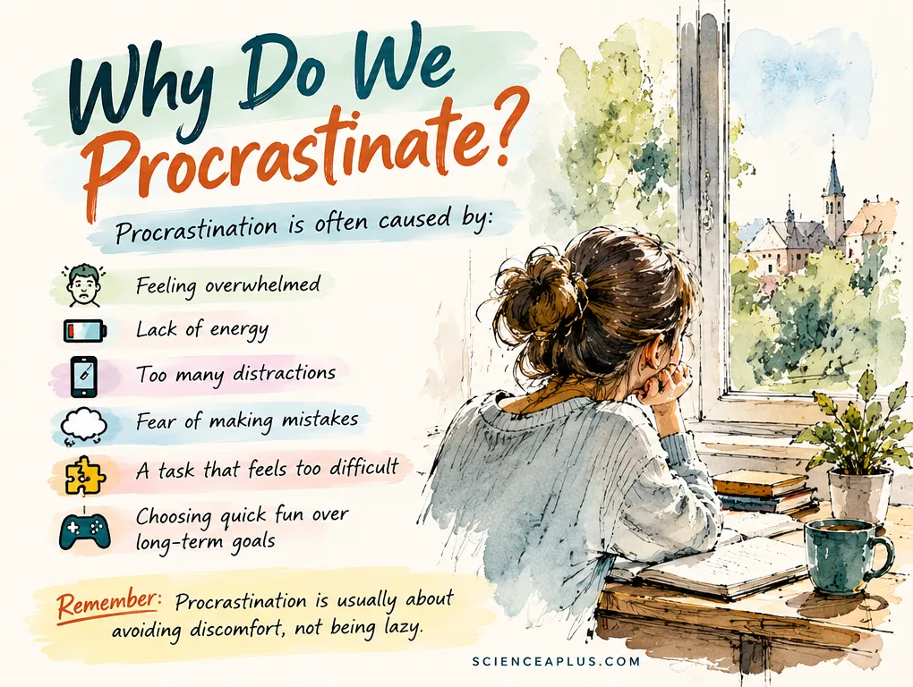 Why do we procrastinate: feeling overwhelmed, lack of energy, too many distractions, fear of making mistakes, a task that feels too difficult, choosing quick fun over long-term goals