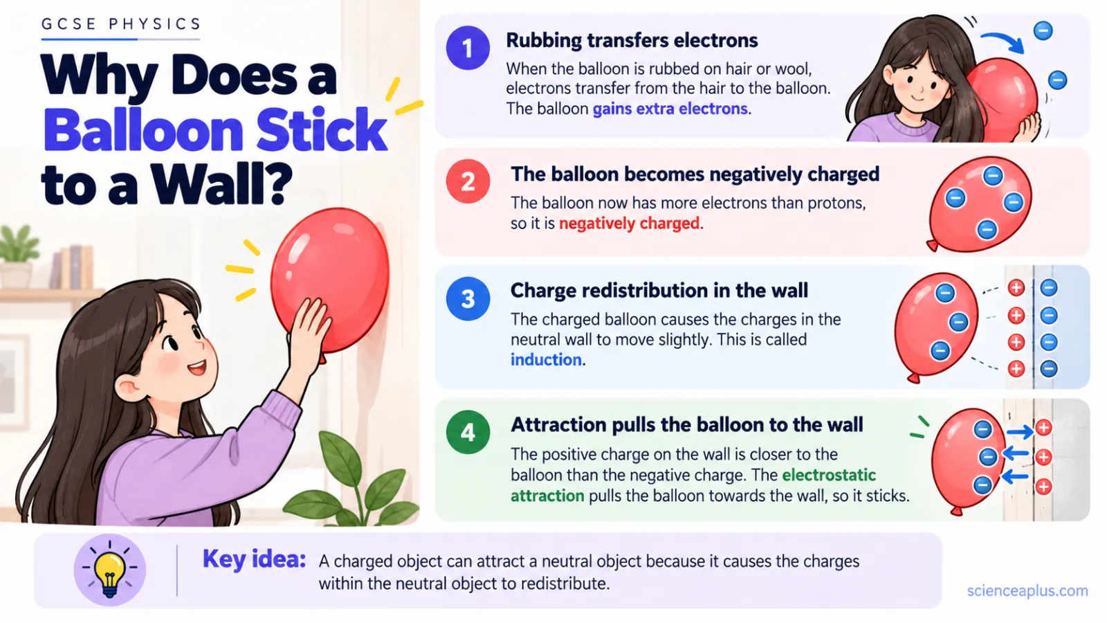 Four-step infographic explaining why a balloon rubbed on hair sticks to a wall: electrons transfer, the balloon becomes negative, charges in the wall redistribute and attraction holds the balloon