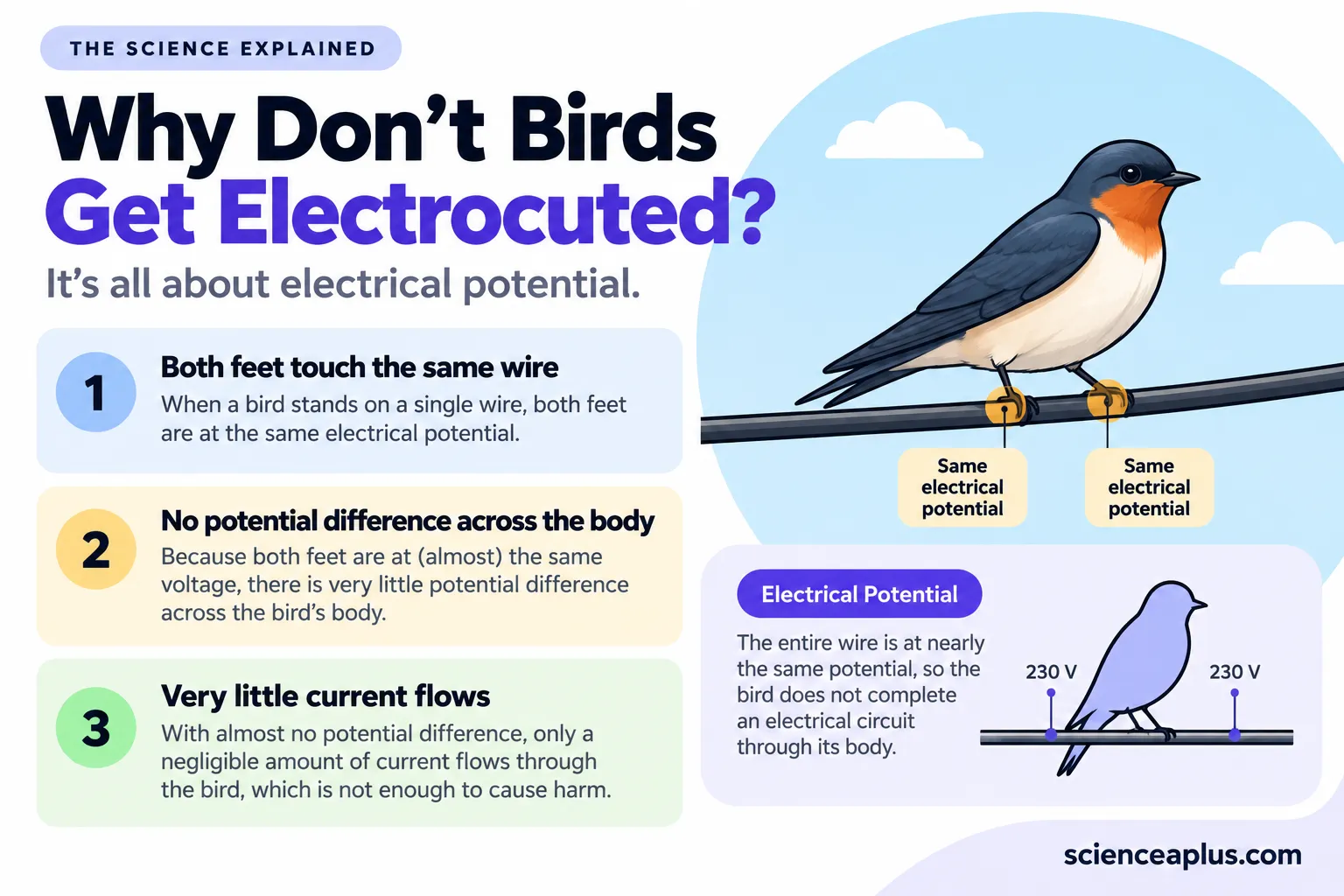 Infographic: a swallow on one wire with both feet labelled at the same electrical potential, three numbered points explaining no potential difference across the body and very little current, and a small diagram with both feet at 230 V