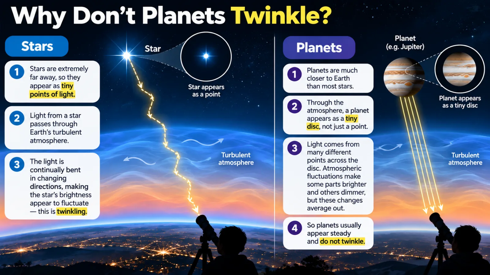 Why don’t planets twinkle: stars appear as points but planets appear as tiny discs, so atmospheric changes average out across the disc