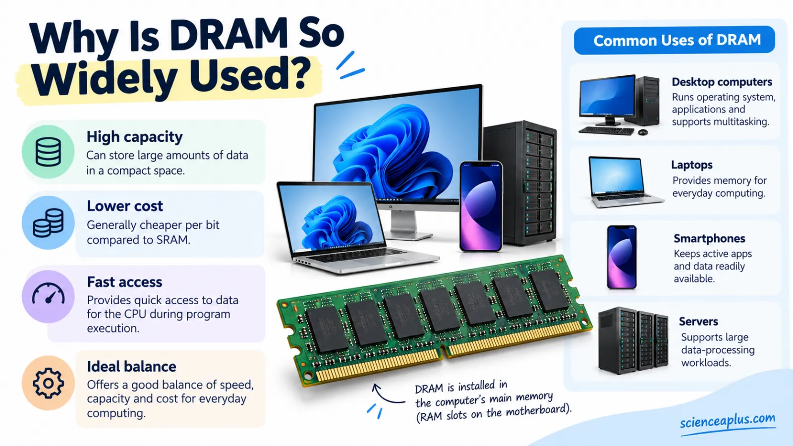 Infographic on why DRAM is widely used: high capacity, lower cost per bit than SRAM, fast access, used in desktops, laptops, smartphones and servers