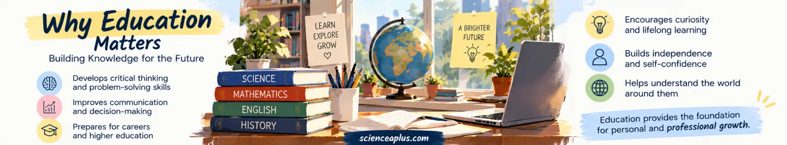 Infographic Why Education Matters: develops critical thinking, improves communication, prepares for careers, encourages curiosity, builds independence and helps understand the world