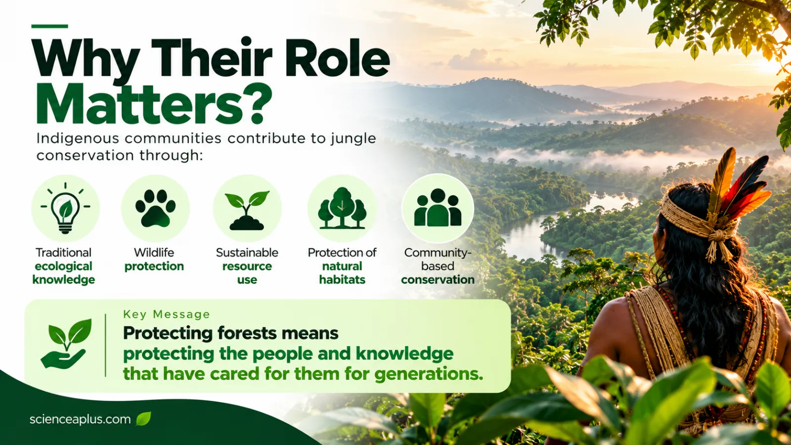 Infographic: why the role of Indigenous communities matters, listing traditional ecological knowledge, wildlife protection, sustainable resource use, protection of natural habitats and community-based conservation