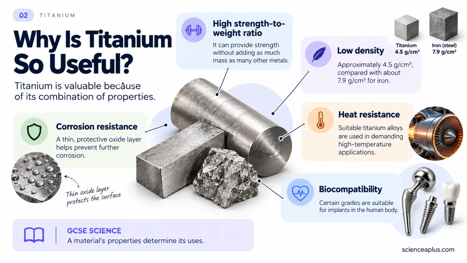 Infographic: why titanium is useful — high strength-to-weight ratio, low density 4.5 g/cm³ vs 7.9 for iron, heat resistance, corrosion resistance from an oxide layer, biocompatibility