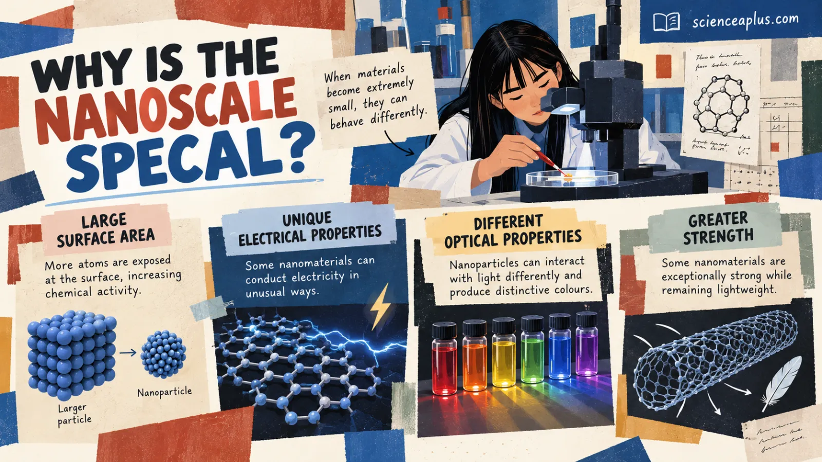 Infographic: why the nanoscale is special — large surface area, unique electrical properties, different optical properties and greater strength; a large cube of atoms and a small nanoparticle show that smaller particles expose more atoms at the surface