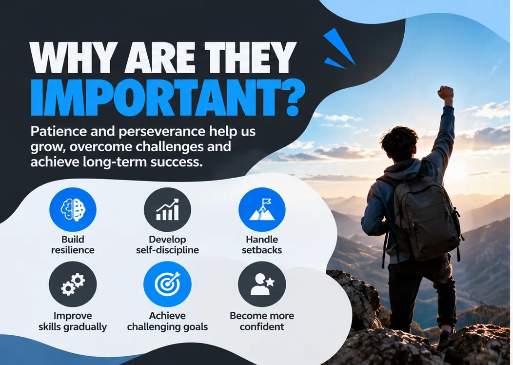 Infographic: Why are patience and perseverance important? They help build resilience, develop self-discipline, handle setbacks, improve skills gradually, achieve challenging goals and become more confident