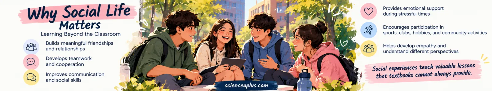 Infographic Why Social Life Matters: builds friendships, develops teamwork, improves communication, gives emotional support, encourages clubs and sport, and develops empathy