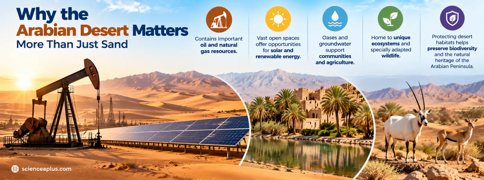 Why the Arabian Desert matters: important oil and natural gas resources, open spaces for solar and renewable energy, oases and groundwater supporting communities and agriculture, unique ecosystems and wildlife, and protecting desert habitats to preserve biodiversity