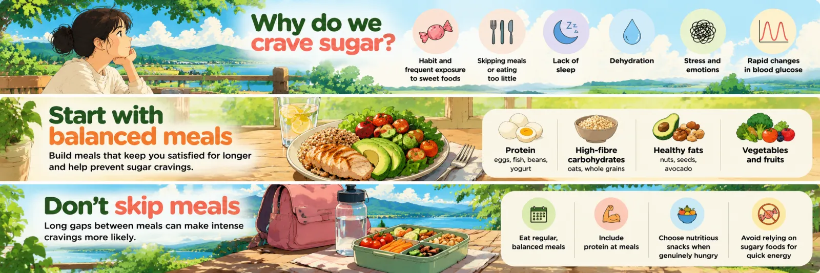 Why do we crave sugar: habit, skipping meals, lack of sleep, dehydration, stress and emotions, and rapid changes in blood glucose; start with balanced meals of protein, high-fibre carbohydrates, healthy fats, vegetables and fruit; don’t skip meals