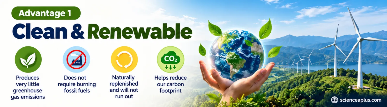 Advantage 1, clean and renewable: produces very little greenhouse gas emissions, does not require burning fossil fuels, naturally replenished and will not run out, helps reduce our carbon footprint