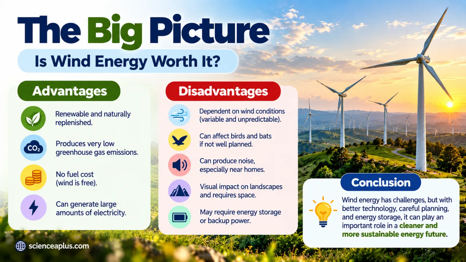 Wind energy, the big picture: advantages are renewable, very low greenhouse gas emissions, no fuel cost and large amounts of electricity; disadvantages are dependence on wind conditions, effects on birds and bats, noise, visual impact and the need for storage or backup power