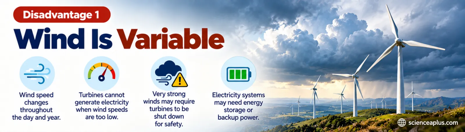 Disadvantage 1, wind is variable: wind speed changes through the day and year, turbines cannot generate when wind speeds are too low, very strong winds require shutdown for safety, electricity systems may need storage or backup power