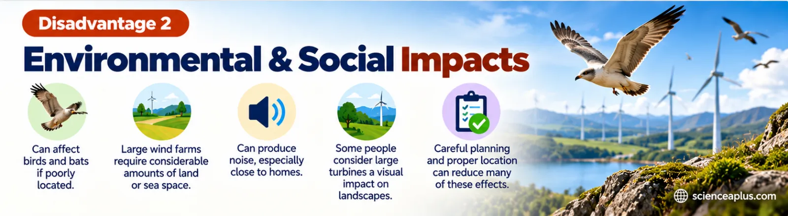 Environmental and social impacts of wind farms: can affect birds and bats if poorly located, large wind farms need considerable land or sea space, can produce noise near homes, some people see a visual impact on landscapes, careful planning and location can reduce many effects