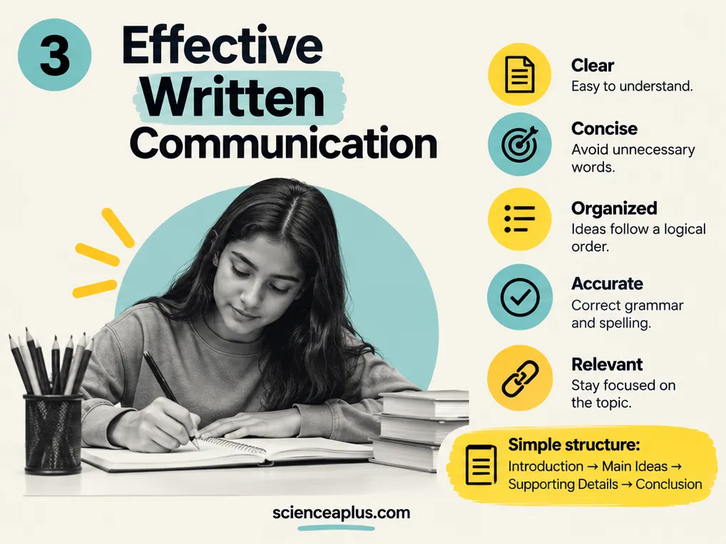 Infographic on effective written communication: clear, concise, organised, accurate and relevant, with a simple structure of introduction, main ideas, supporting details and conclusion